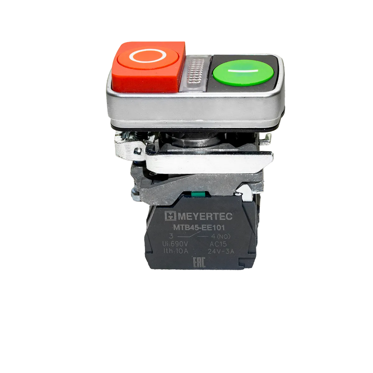 Кнопка двойная выступающая с подсветкой, красная/зеленая, маркировка "I+O", 1NO+1NC, 24V AC/DC, IP65, металл