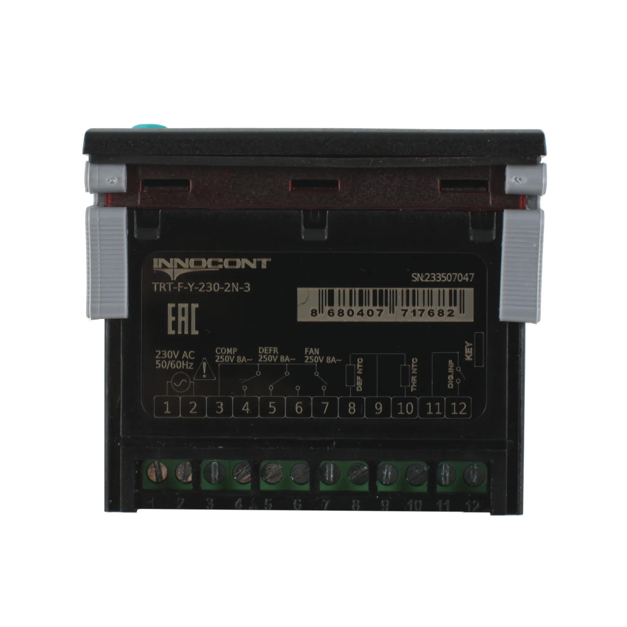 Температурный контроллер для управления охлаждением/размораживанием, 4 разряда, 77х35х61 мм, 2xNTC, выходы реле на компрессор, охладитель и испаритель, ON/OFF, 230VAC, комплектный фиксатор