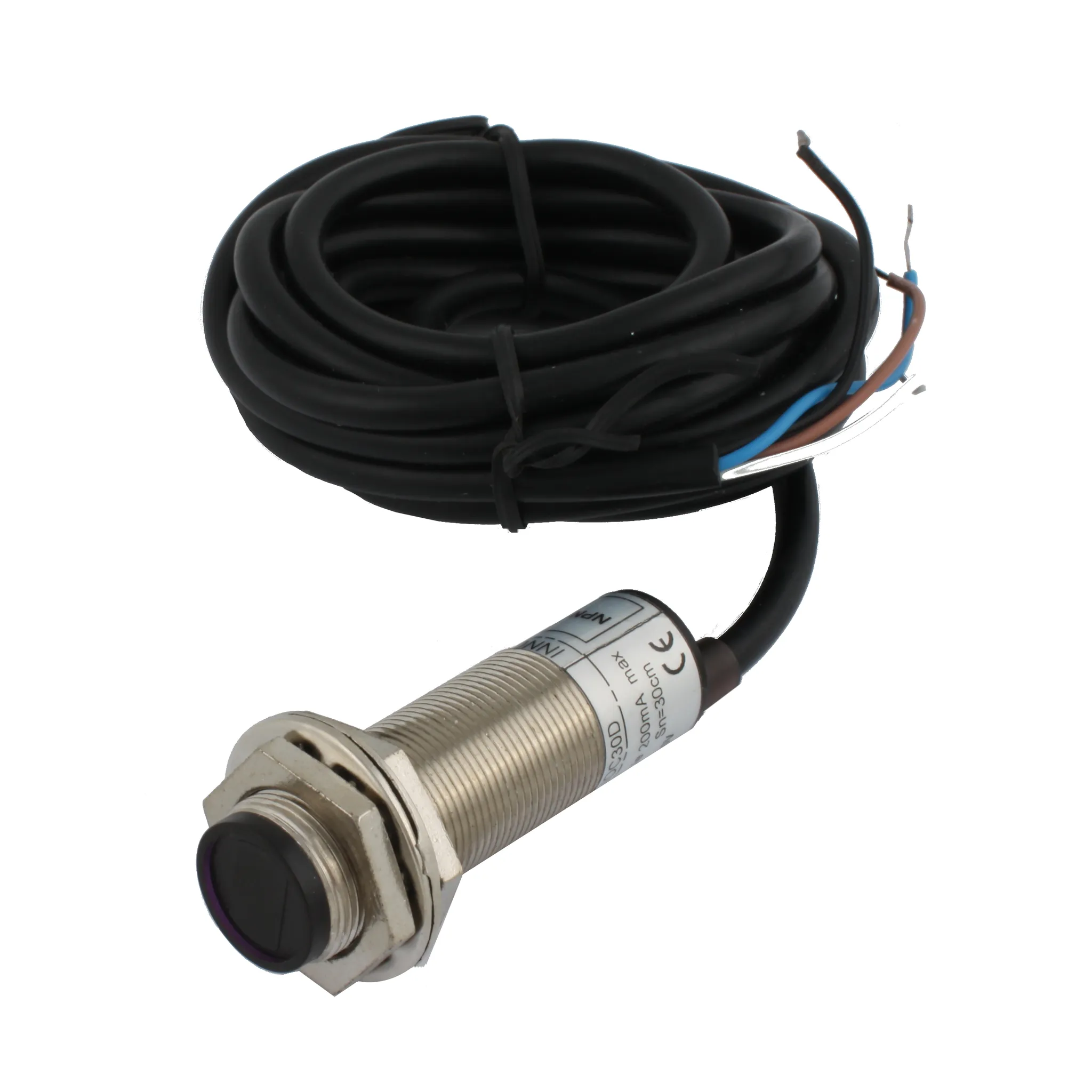 INNOCONT Фотодатчик диффузионный, М18x1, зона срабатывания до 30 см, -10 +60 С, 12…24 VDC, IP67, выход: NPN NO + NC, макс. ток 200 мА, время реакции 3 мс, кабель 2 м PES-D18-NOC30D (cable)