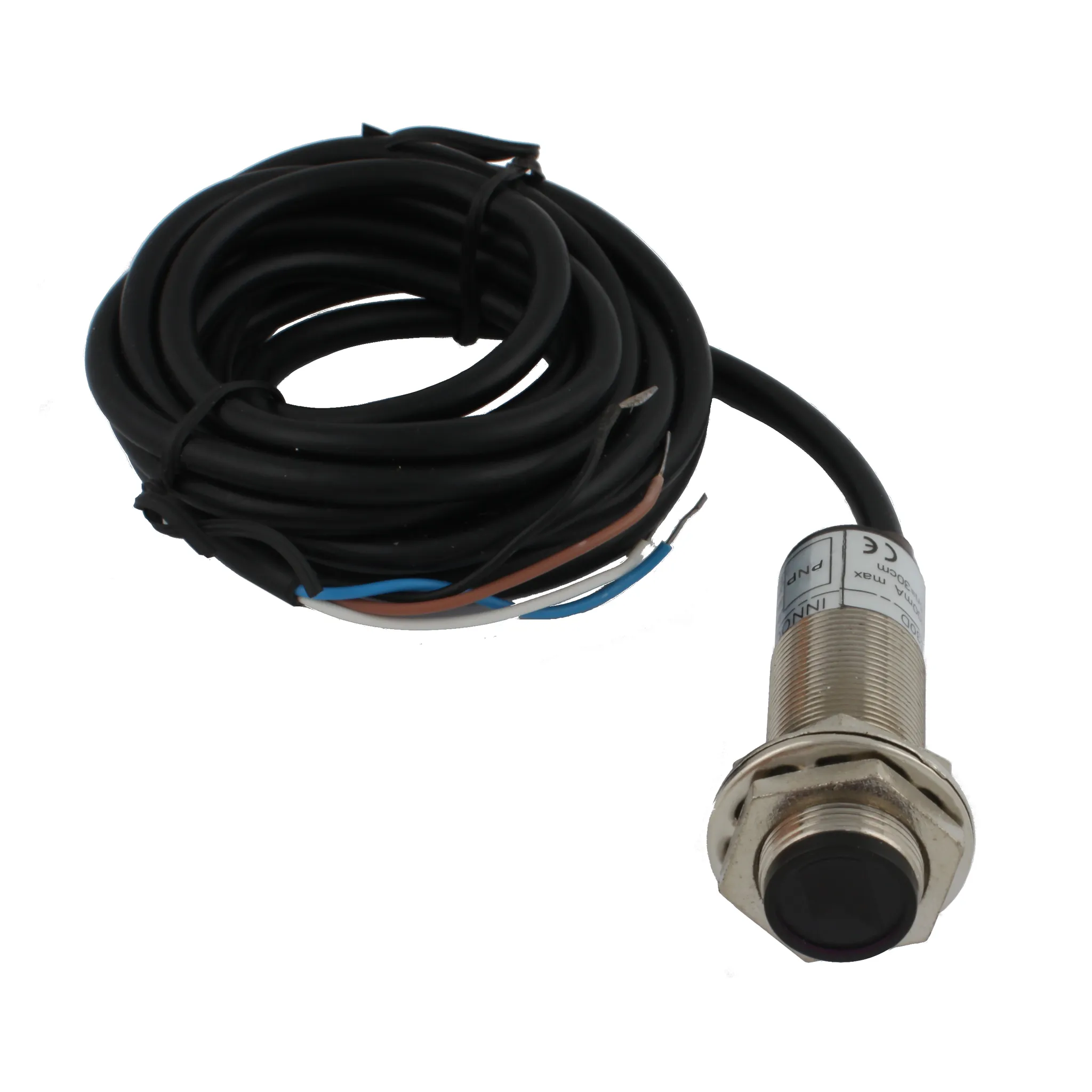 INNOCONT Фотодатчик диффузионный, М18x1, зона срабатывания до 30 см, -10 +60 С, 12…24 VDC, IP67, выход: PNP NO + NC, макс. ток 200 мА, время реакции 3 мс, кабель 2 м PES-D18-POC30D (cable)