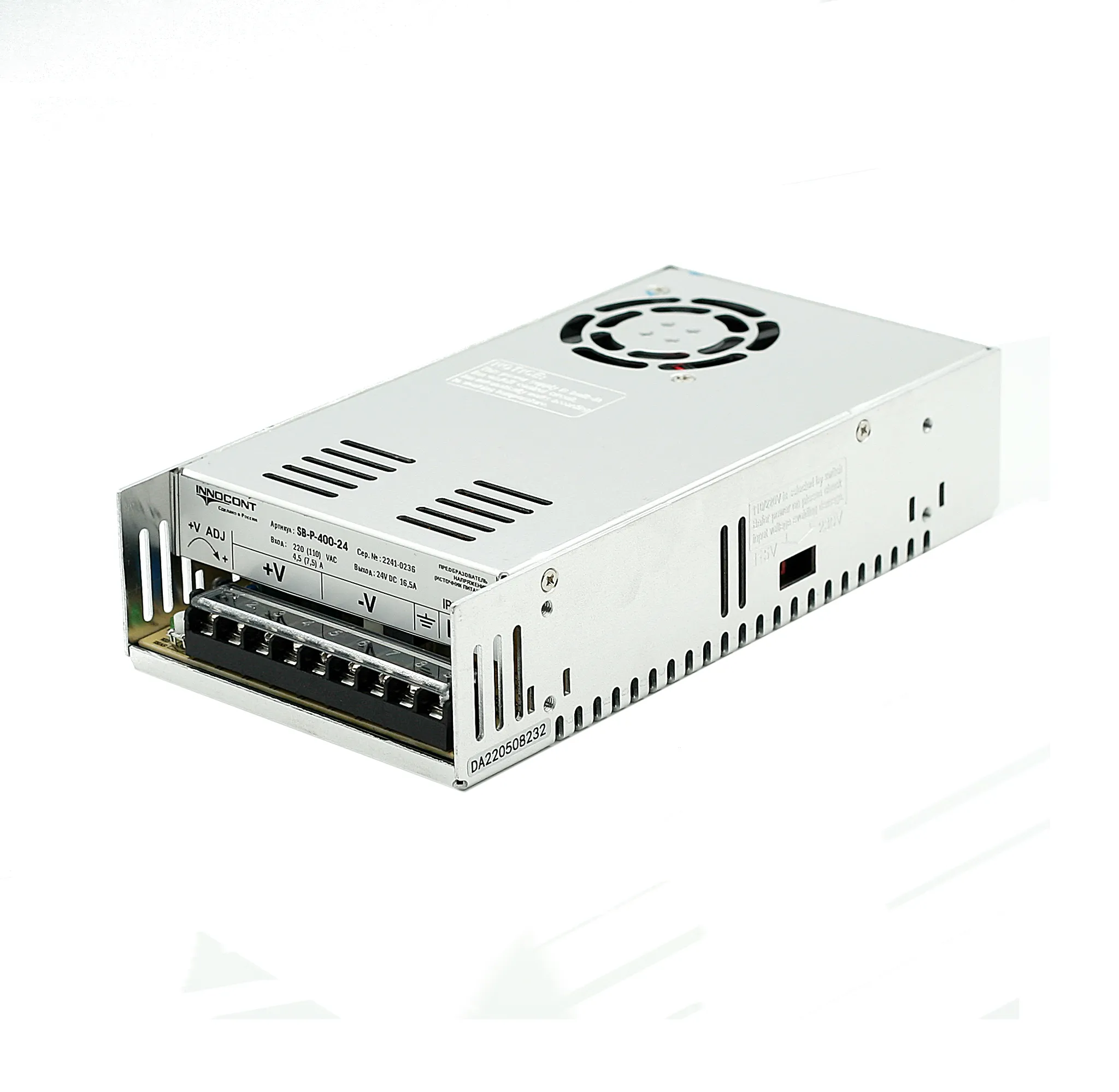 Источник питания INNOCONT. Вход: 220VAC, 4.5А, выход: 400W, 24VDC, 16.5A, -10 +50С, IP20,типы защиты: КЗ, перегрузка, перенапряжение SB-P-400-24
