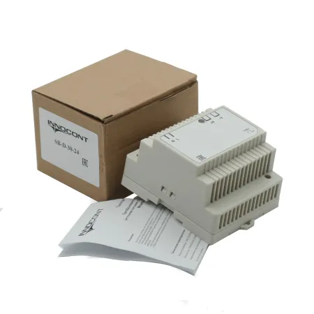 Источник питания INNOCONT. Вход: 220VAC, 0.48А, выход: 30W, 24VDC, 1.5A, -10 +50С, IP20, типы защиты: КЗ, перегрузка, перенапряжение SB-D-30-24